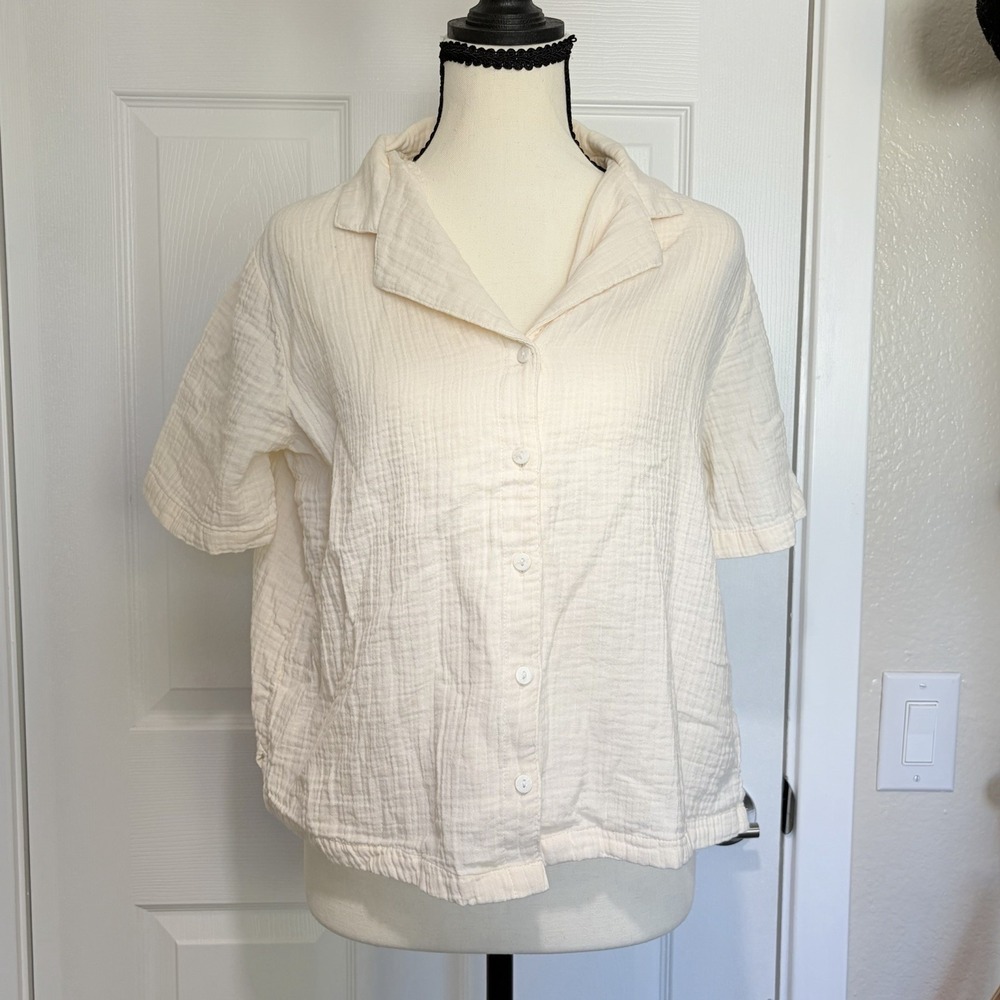Quince Women Ivory 100% Organic Cotton Gauze Short Sleeve Button Down Shirt S